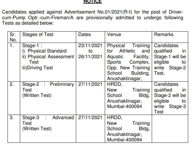 BARC Exam Date 2021 for Driver, Pump Operator & Fireman Posts