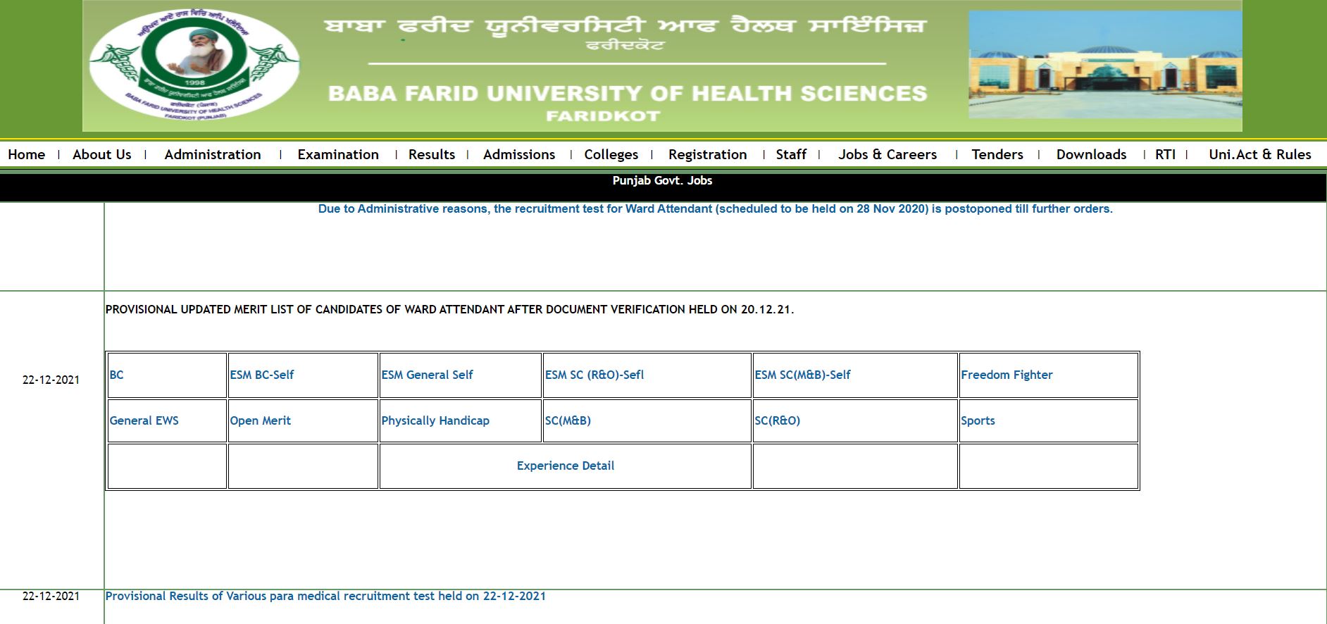 BFUHS Ward Attendant Merit List 2021