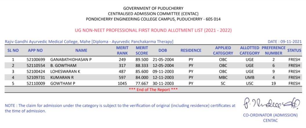 CENTAC Merit List 2021