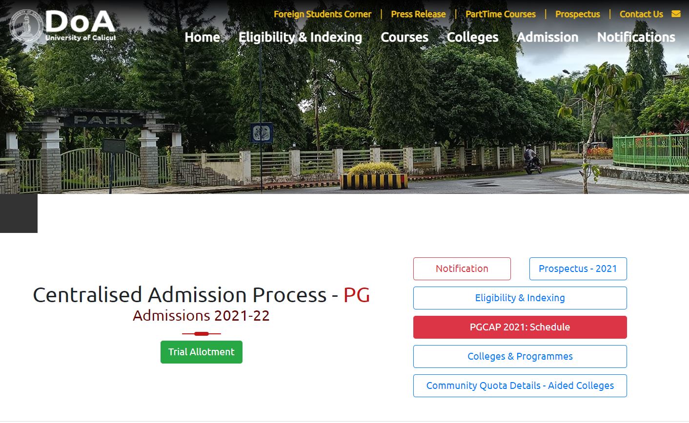 Calicut University PGCAP 1st Allotment 2021