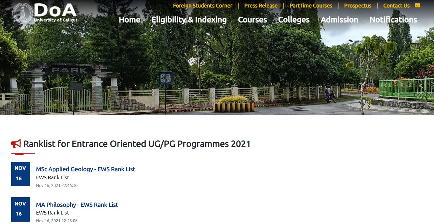 Calicut University Rank List 2021
