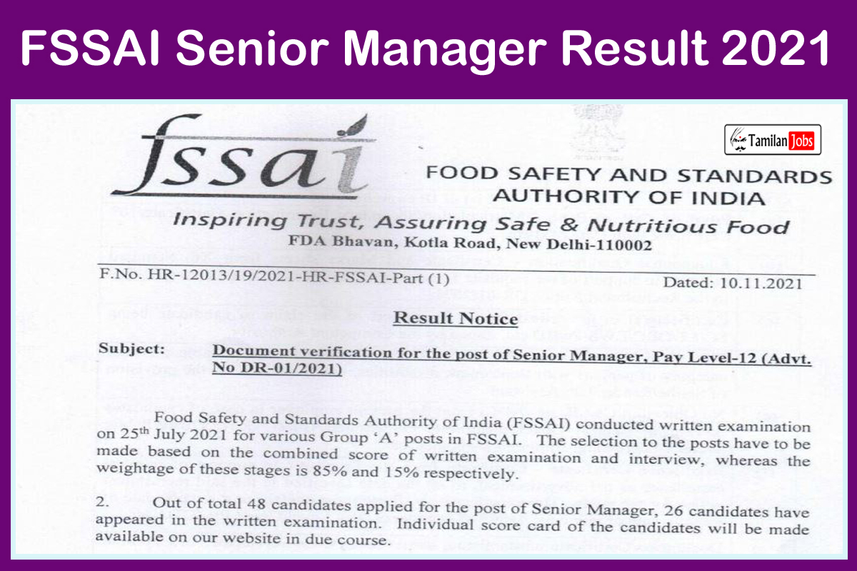 FSSAI Senior Manager Result 2021