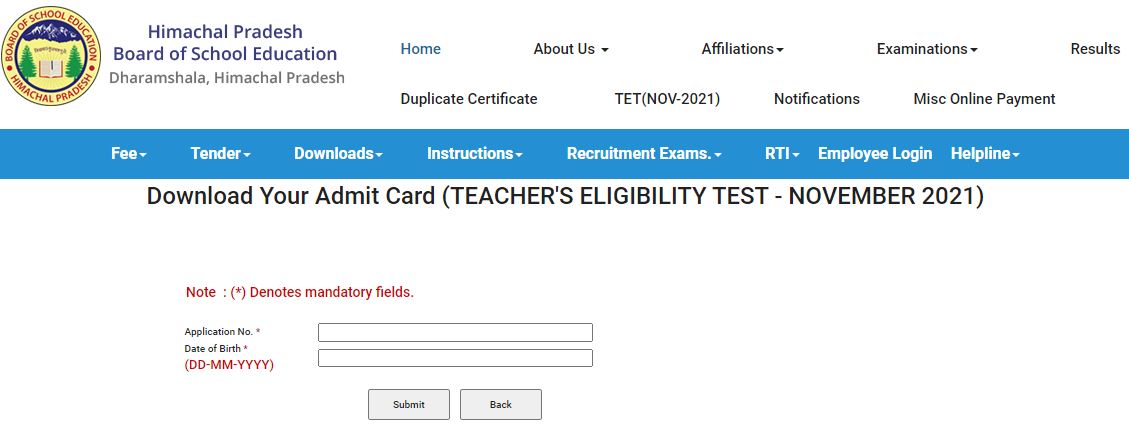 HP TET Nov Admit Card 2021