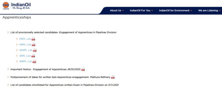 IOCL Pipelines Division Apprentice Result 2021