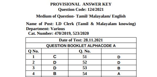 Kerala PSC LDC Answer Key 2021