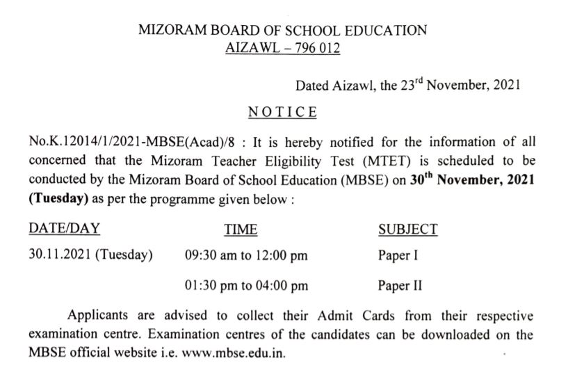 Mizoram TET Admit Card 2021