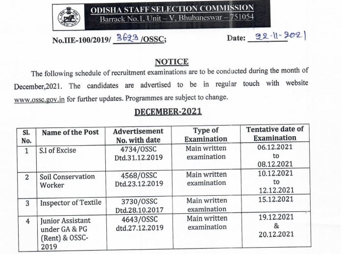 OSSC Exam Date 2021 for the Month of December-21