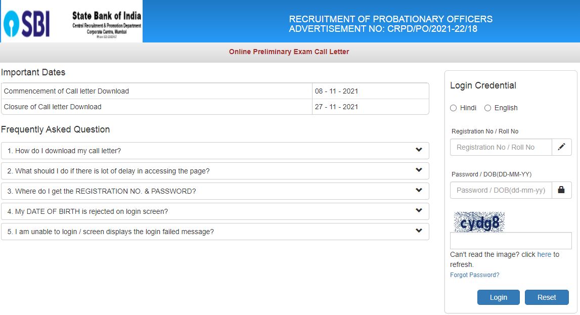 SBI PO Prelims Admit Card 2021