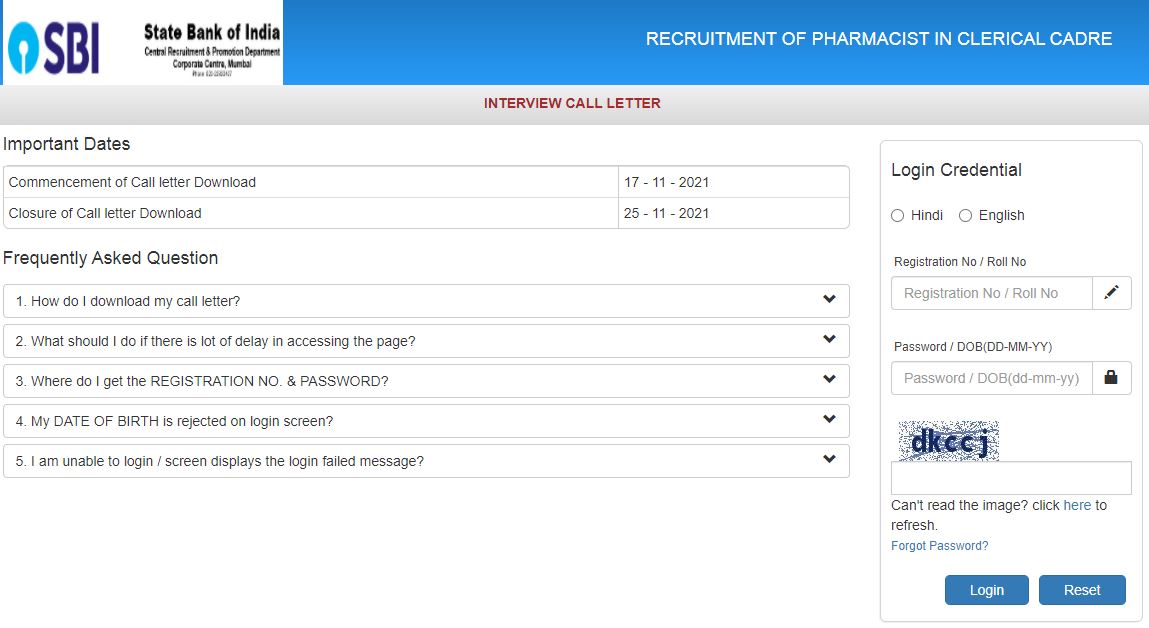 SBI Pharmacist Interview Admit Card 2021