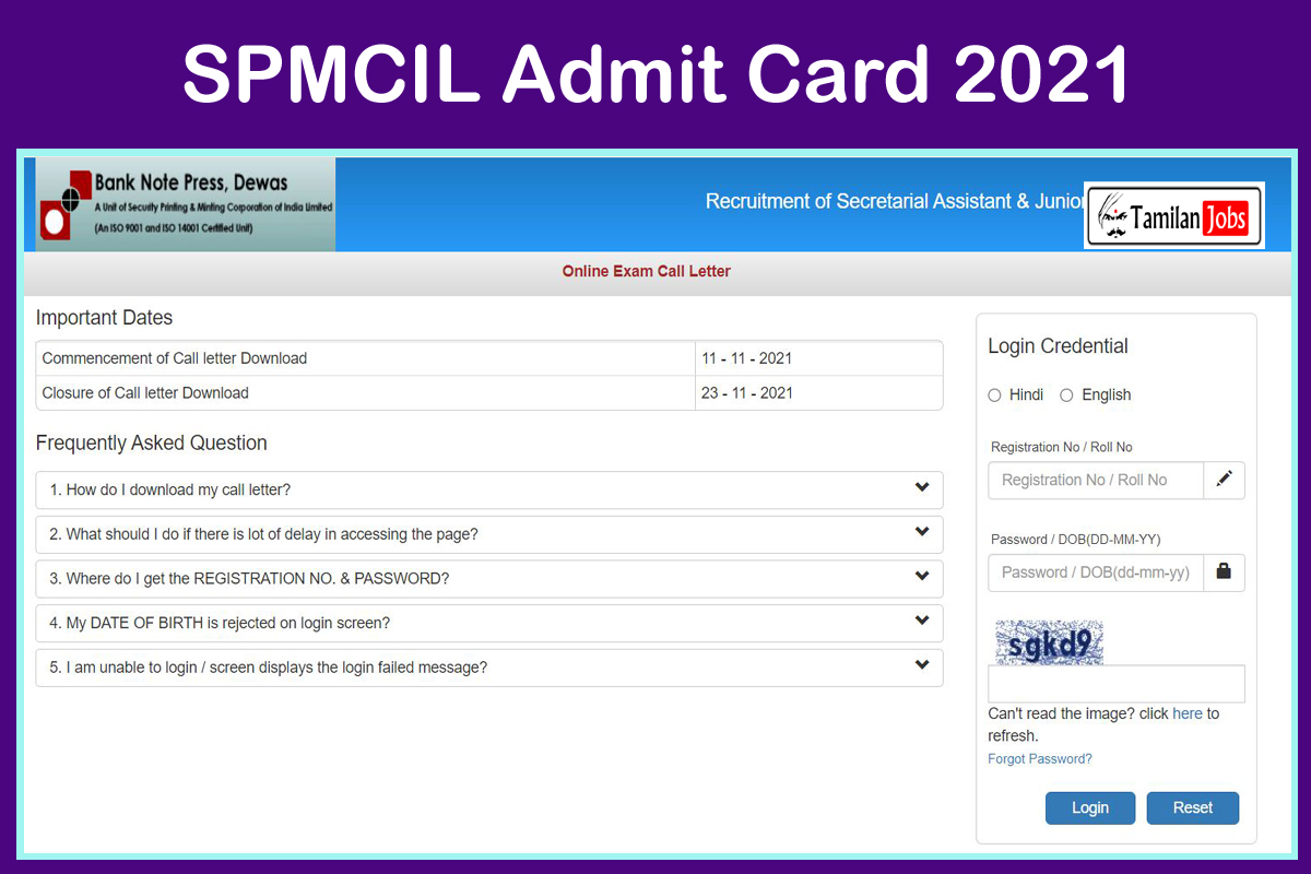 SPMCIL Admit Card 2021