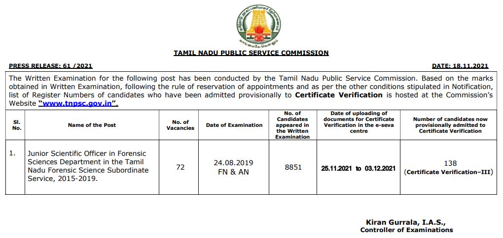 TNPSC JSO CV Date 2021