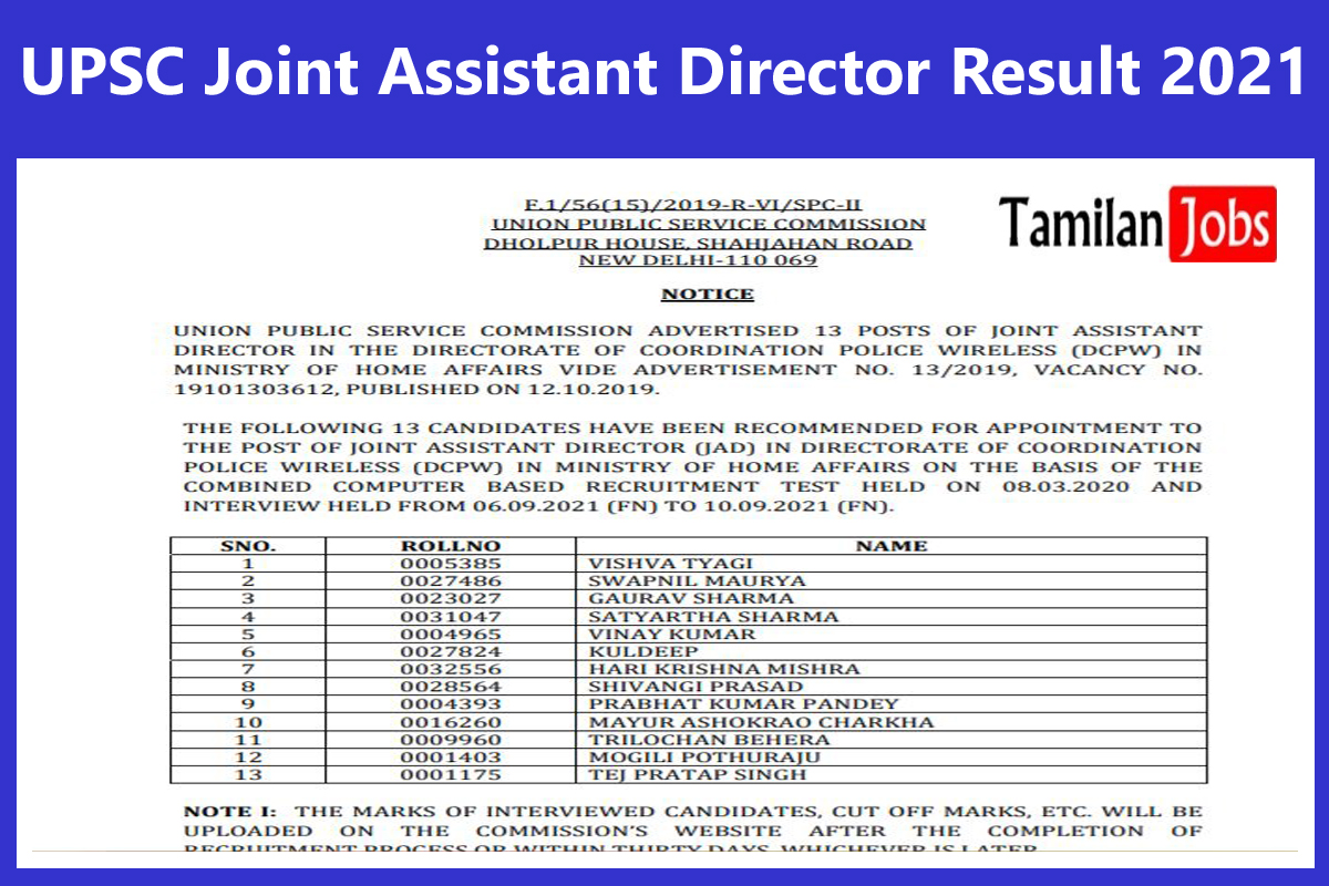 UPSC Joint Assistant Director Result 2021