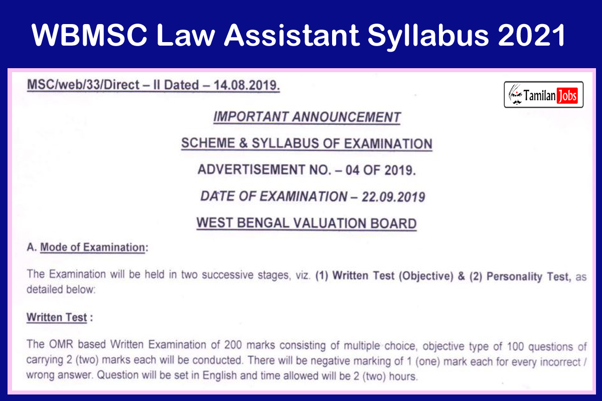 WBMSC Law Assistant Syllabus 2021 