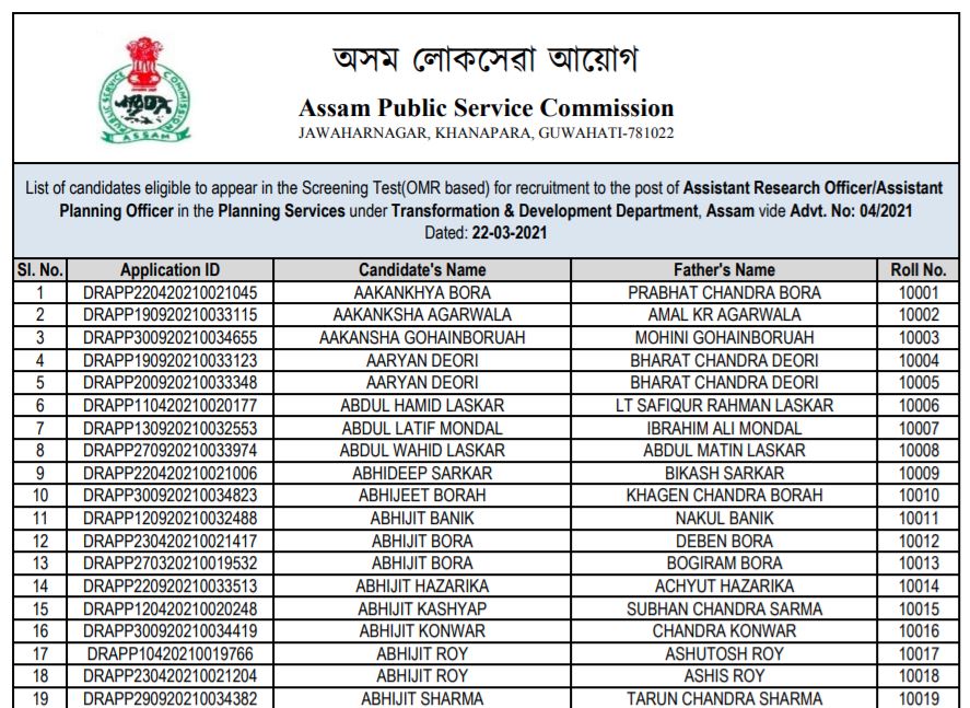 APSC ARO, APO Result 2021