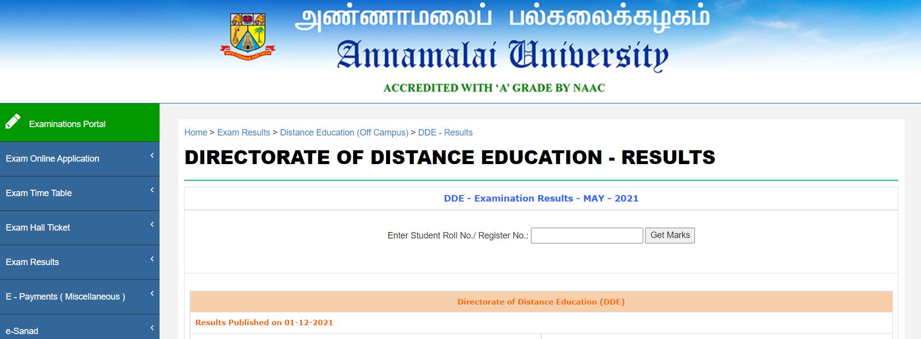 Annamalai University DDE Result 2021