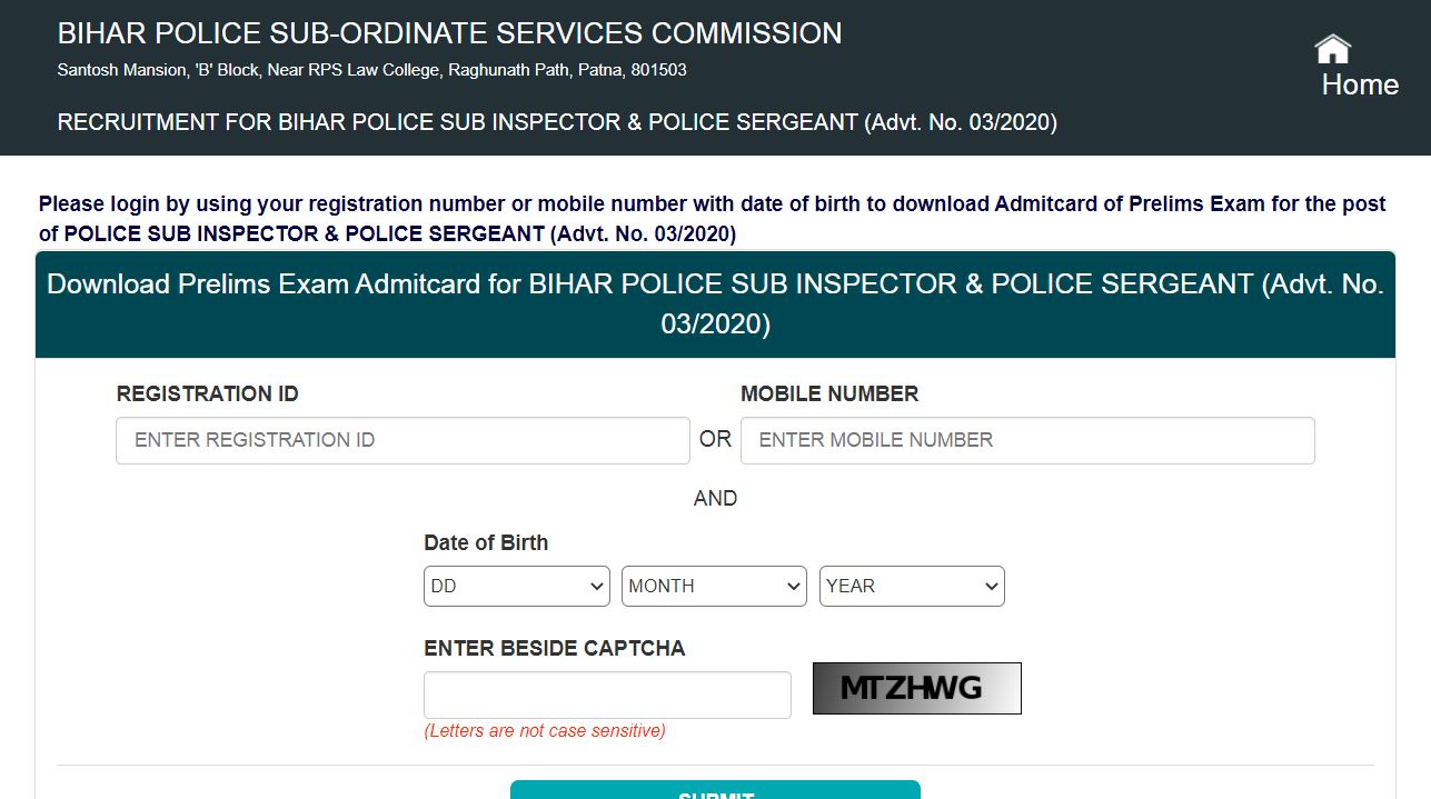 BPSSC Sub Inspector Mains Hall Ticket 2021