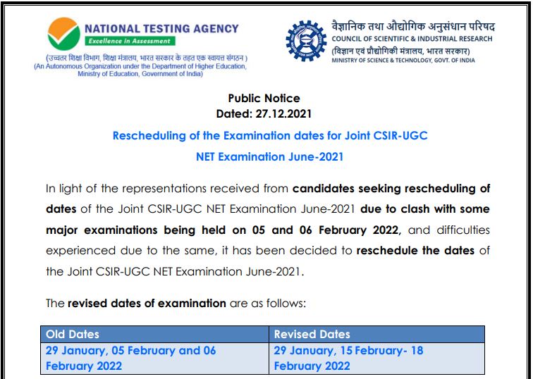 CSIR UGC NET June 2021 Exam Date