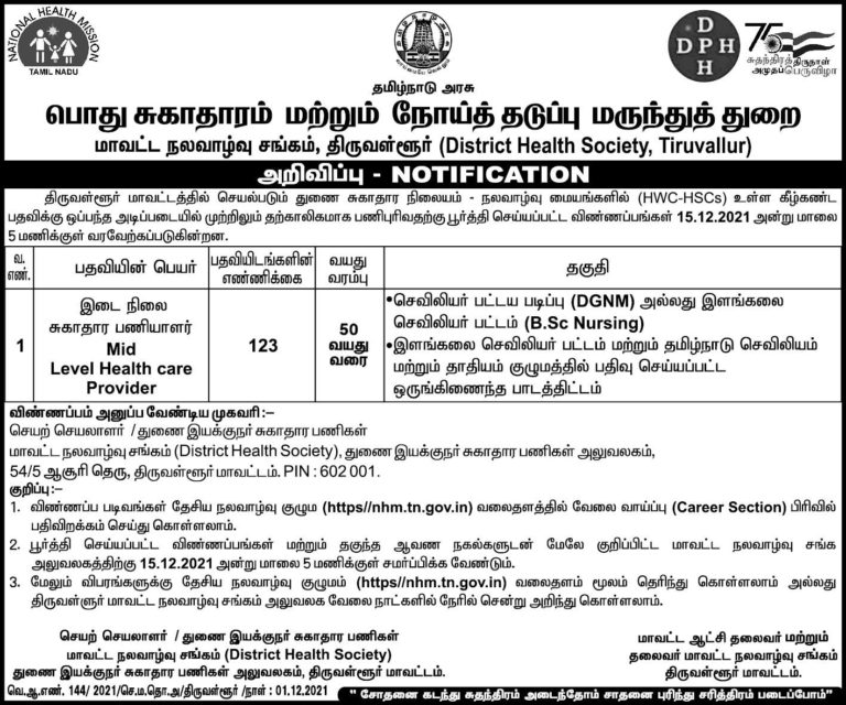 DHS Tiruvallur Recruitment 2021 Out – Apply For 123 Mid Level Health Care Provider Jobs