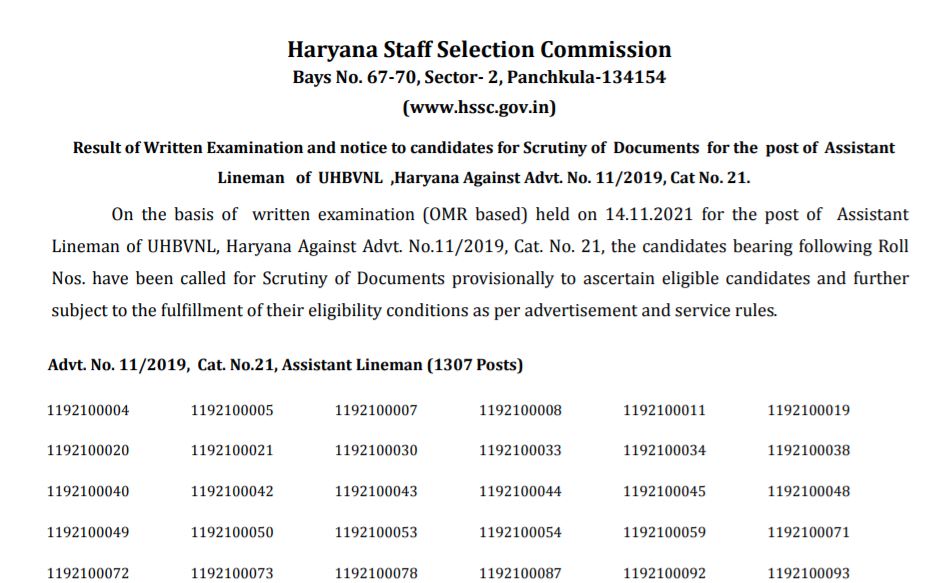 HSSC Assistant Lineman Result 2021