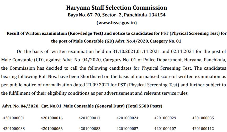 HSSC Constable Result 2021