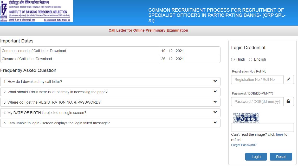 IBPS SO Prelims Admit Card 2021