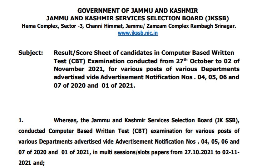 Jammu Kashmir SSB Exam Result 2021
