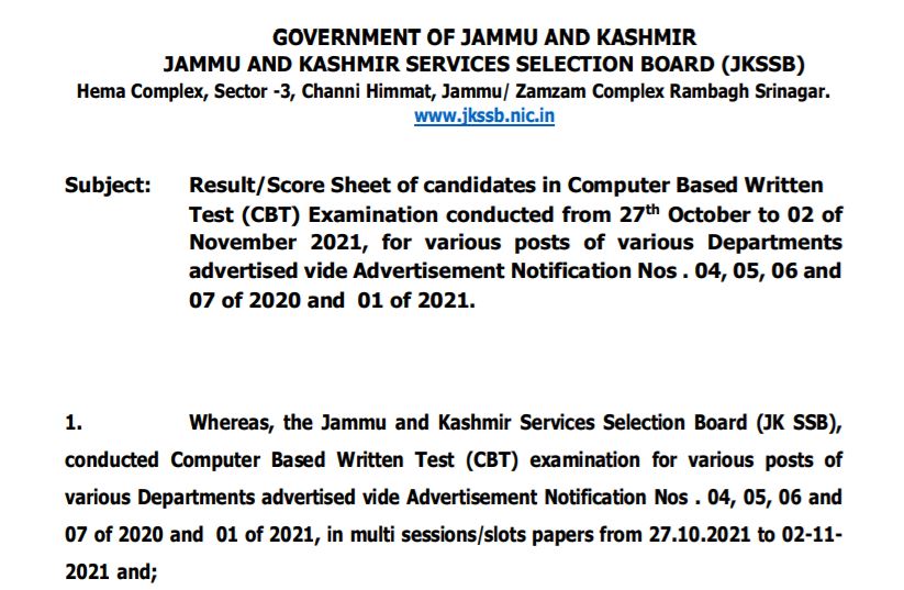 Jammu Kashmir Ssb Exam Result 2021