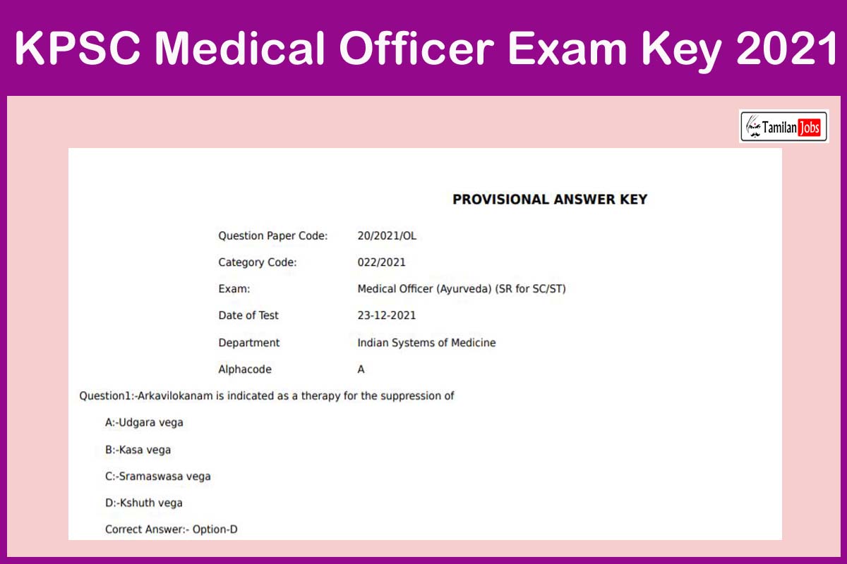 KPSC Medical Officer Exam Key 2021
