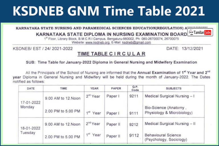 KSDNEB GNM Time Table 2021
