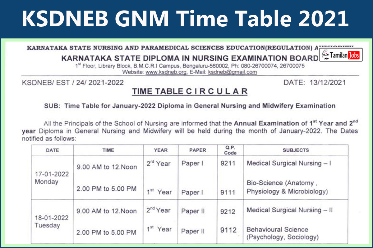  KSDNEB GNM Time Table 2021