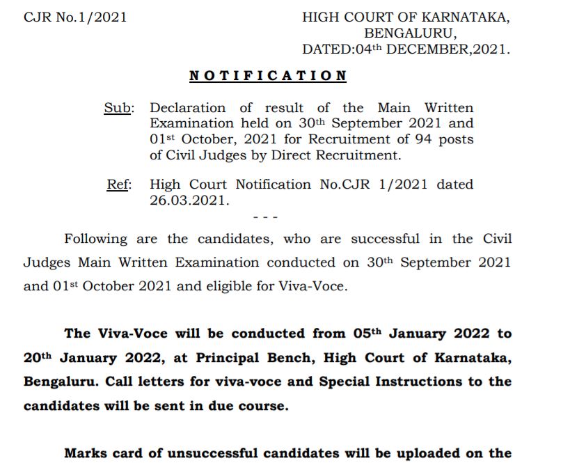 Karnataka High Court Civil Judge Mains Result 2021