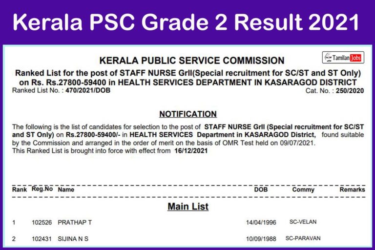Kerala PSC Grade 2 Result 2021
