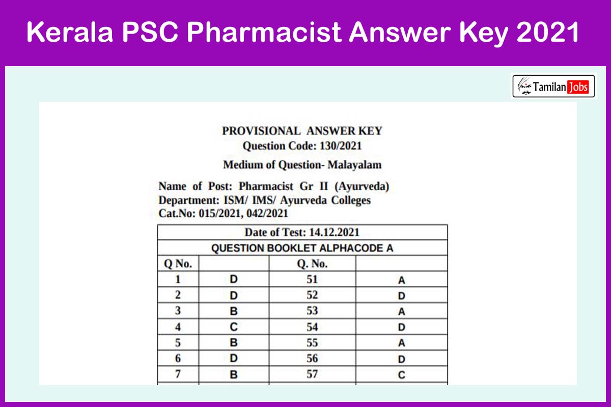 Kerala PSC Pharmacist Answer Key 2021
