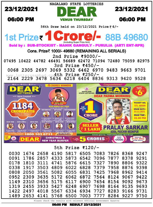 Lottery Sambad 6 PM Result on 23.12.2021