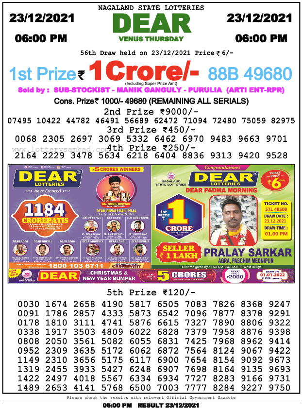 Lottery Sambad 6 Pm Result On 23.12.2021