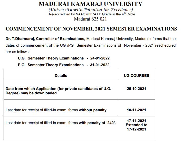 MKU Semester Exam Date 2021