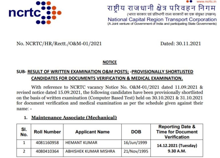 NCRTC Traffic Controller Result 2021