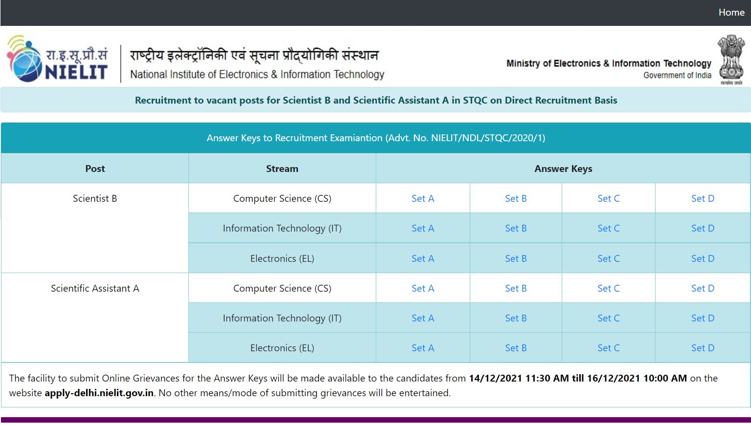 NIELIT Answer Key 2021