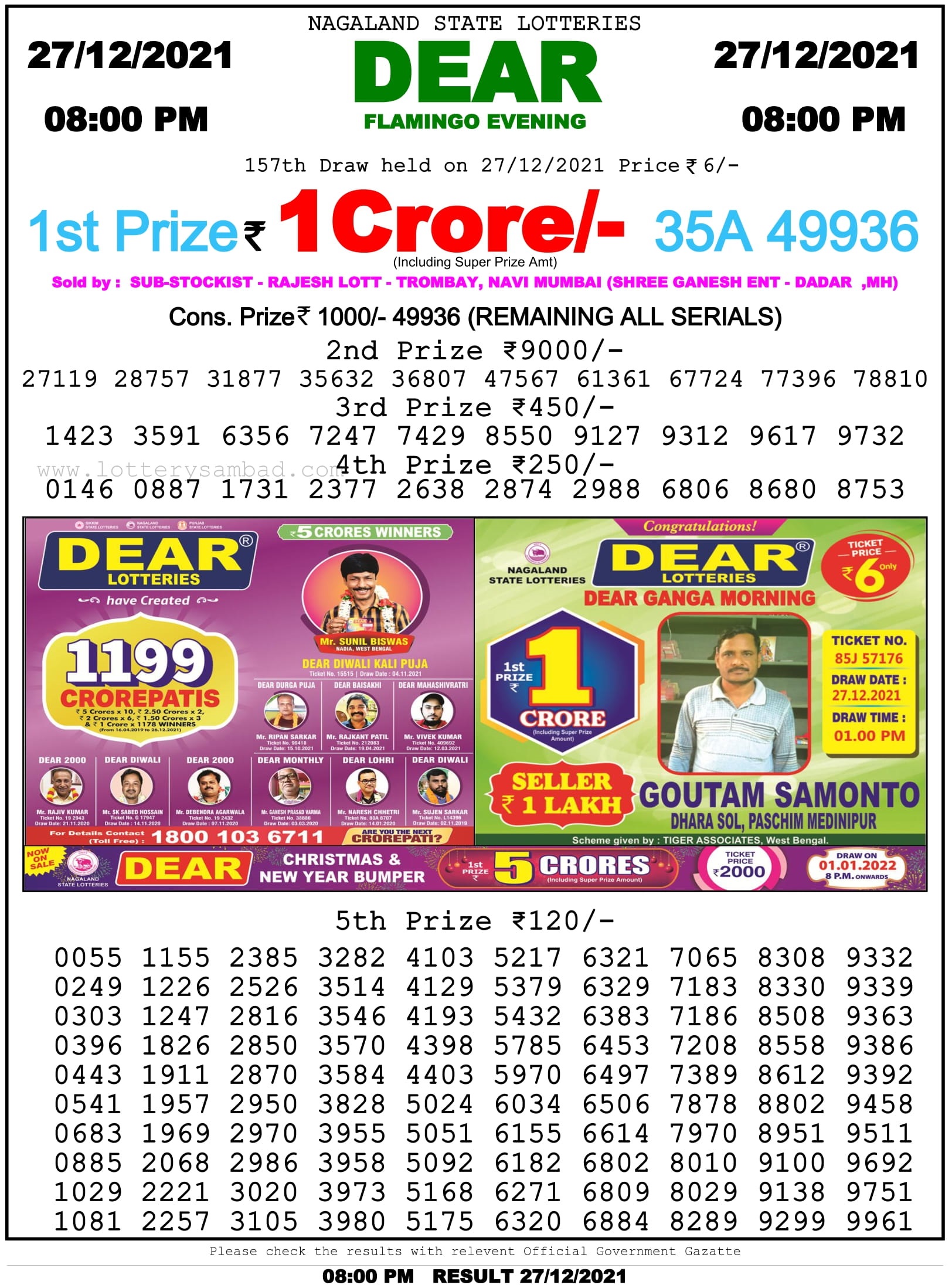 Nagaland State Lottery 8 PM Result on 27.12.2021
