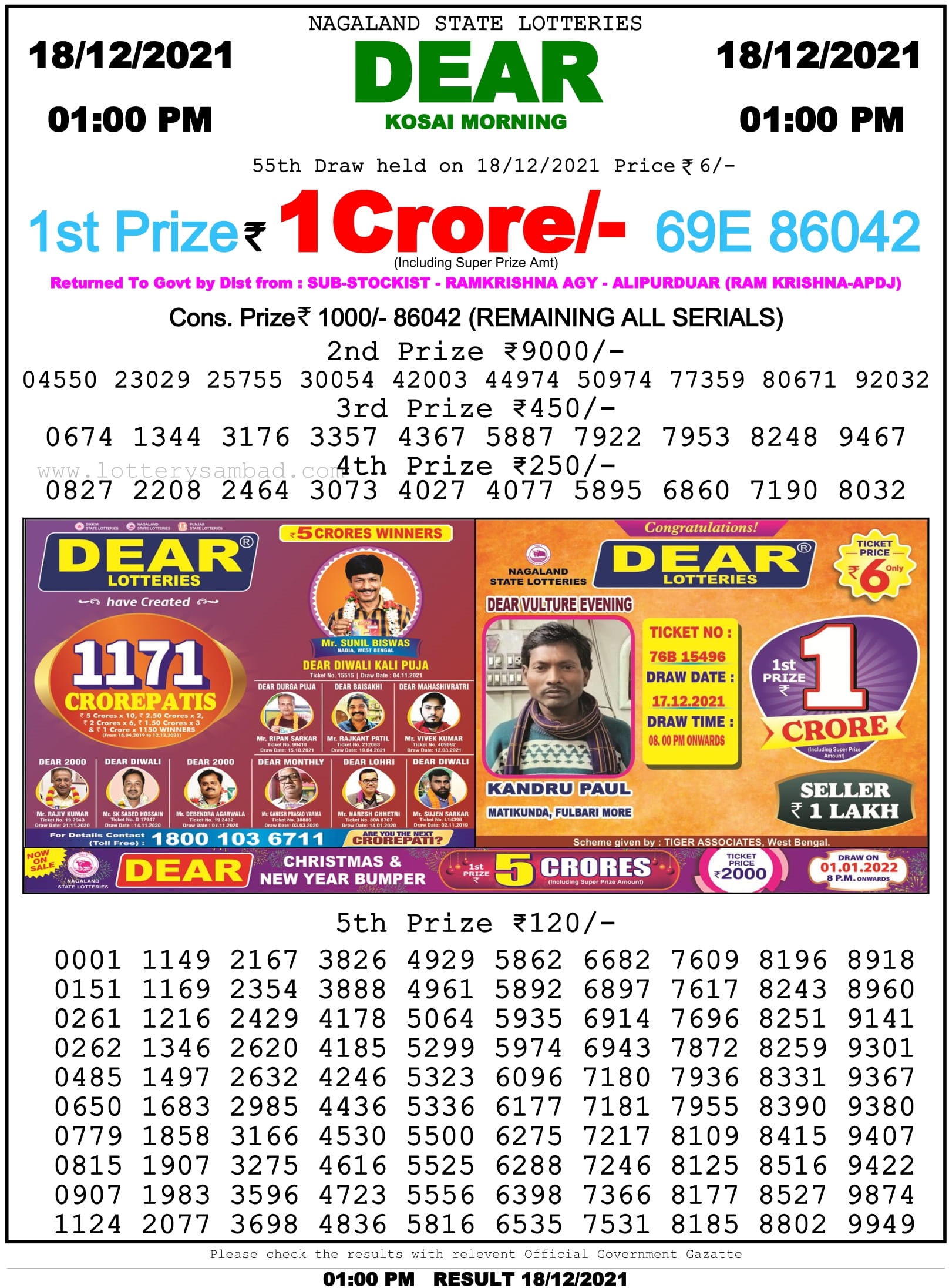 Nagaland State Lottery Sambad 1 PM Result on 18.12.2021