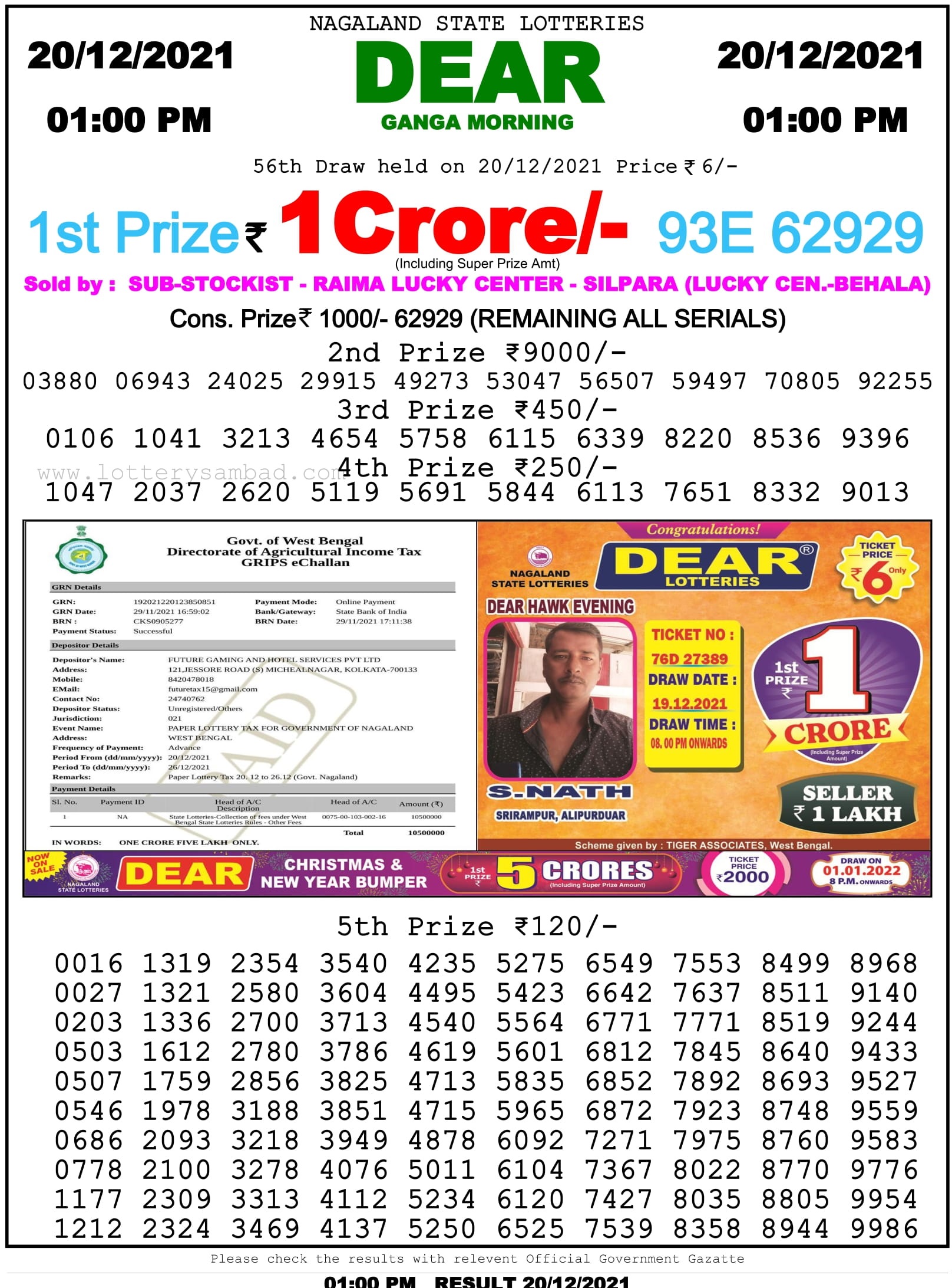 Nagaland State Lottery Sambad 1 PM Result on 20.12.2021