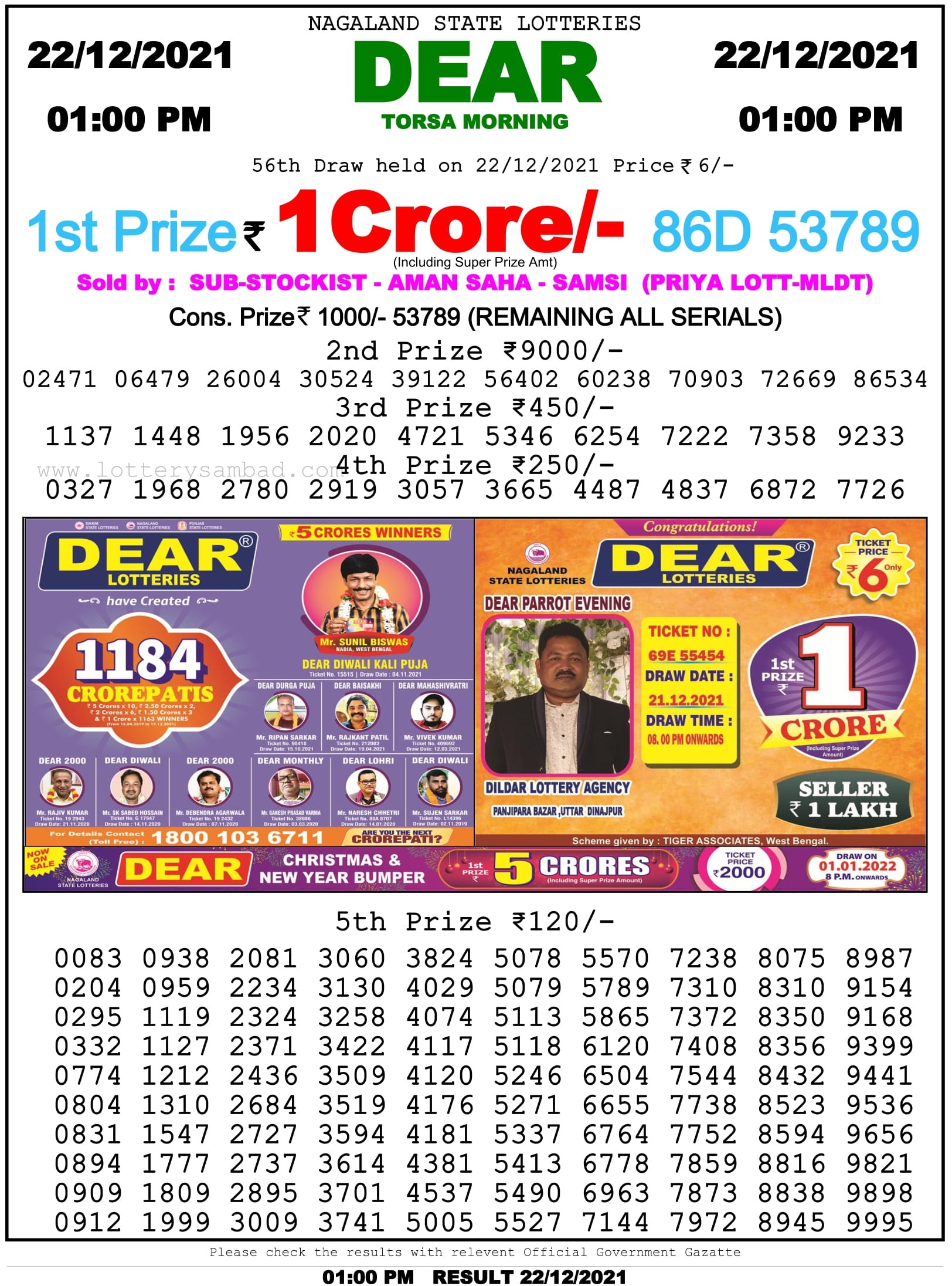 Nagaland State Lottery Sambad 1 PM Result on 22.12.2021