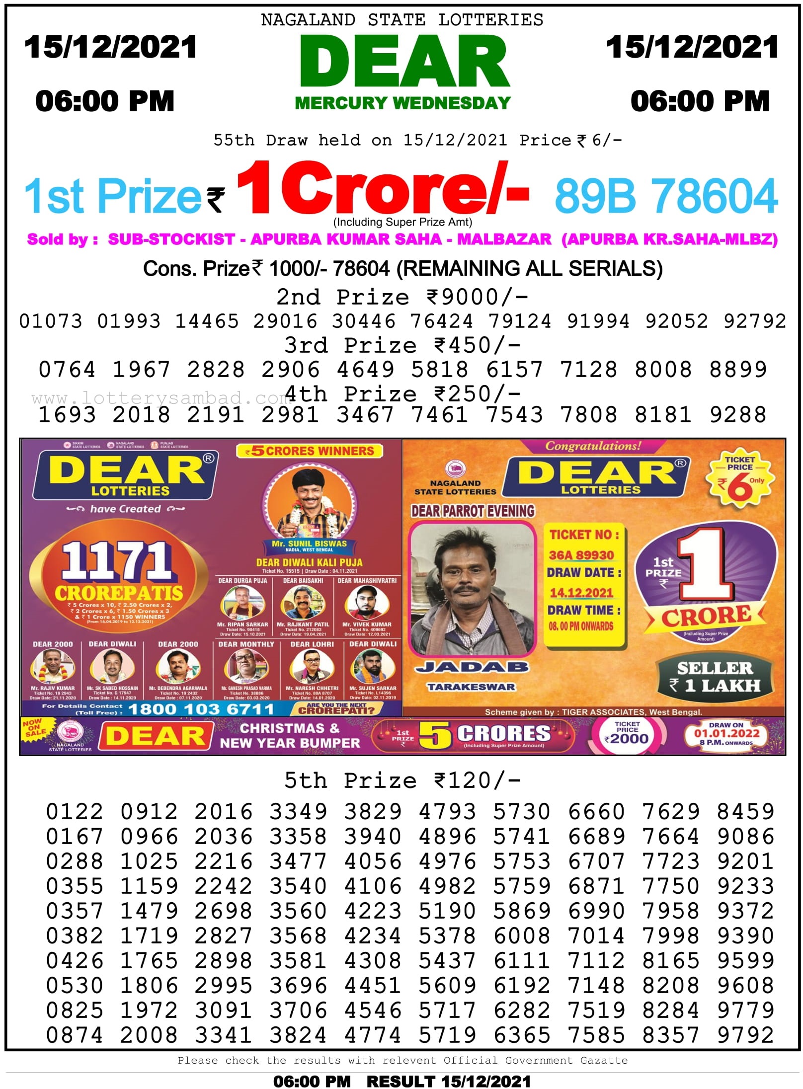 Nagaland State Lottery Sambad 6 PM Result on 15.12.2021