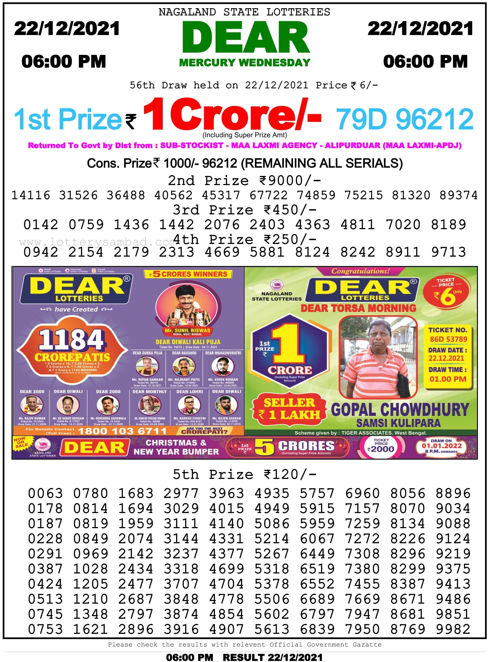 Nagaland State Lottery Sambad 6 PM Result on 22.12.2021