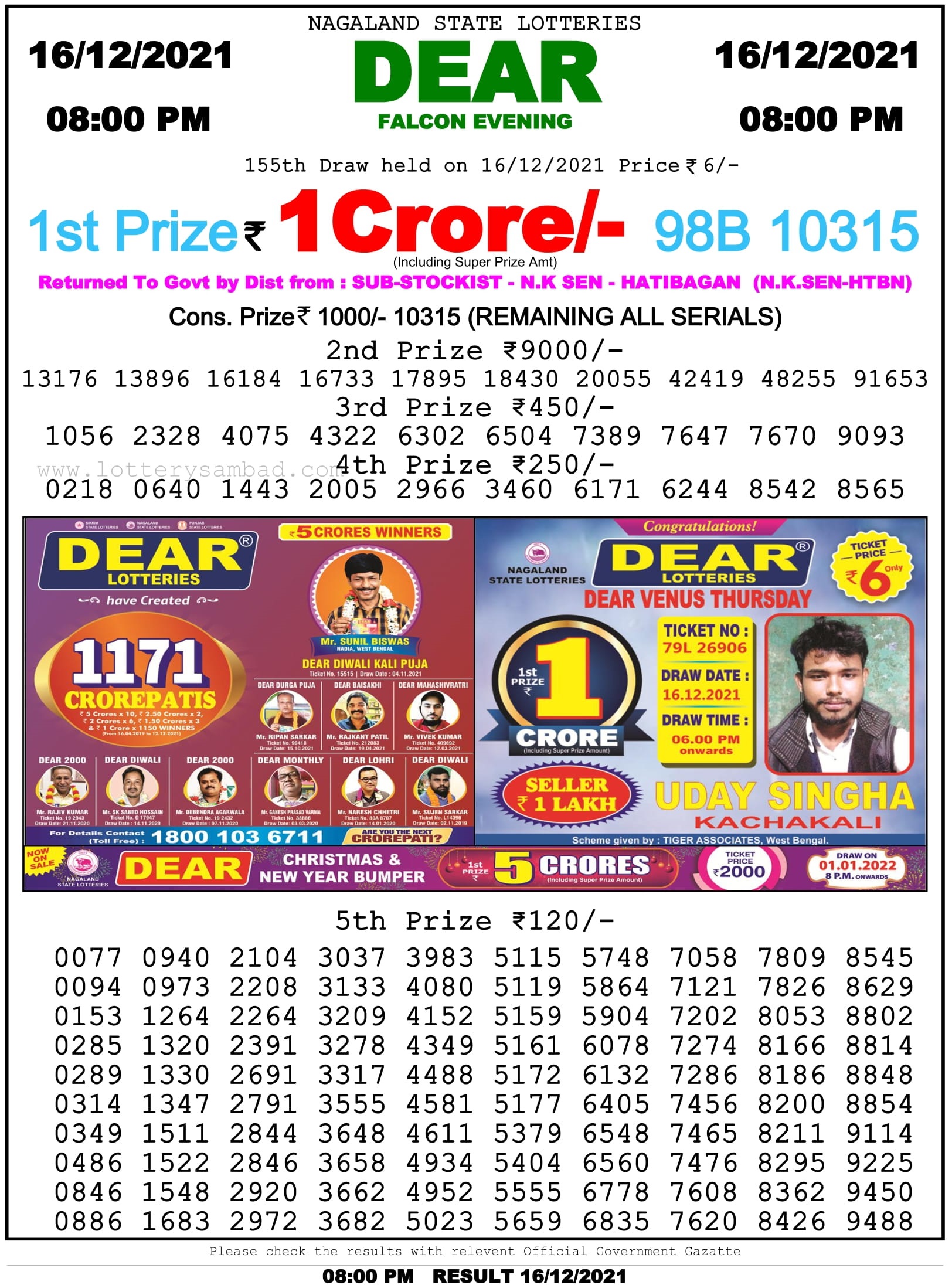 Nagaland State Lottery Sambad 8 PM Result on 16.12.2021