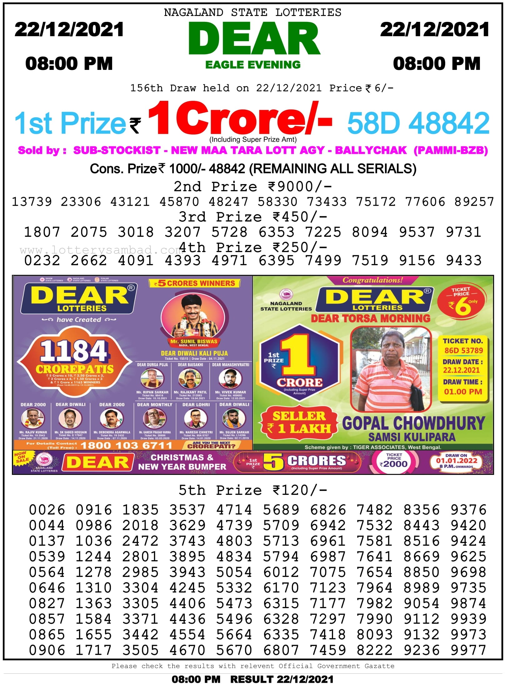Nagaland State Lottery Sambad 8 PM Result on 22.12.2021