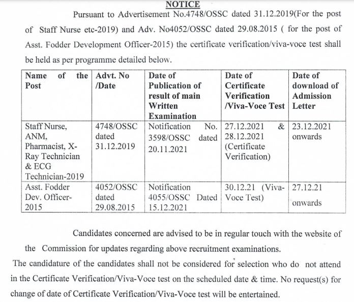 OSSC Staff Nurse and AFDO DV Schedule 2021