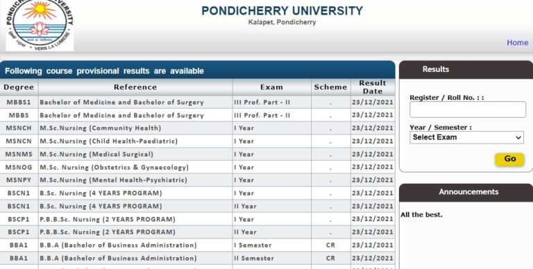 Pondicherry University Exam Results 2021