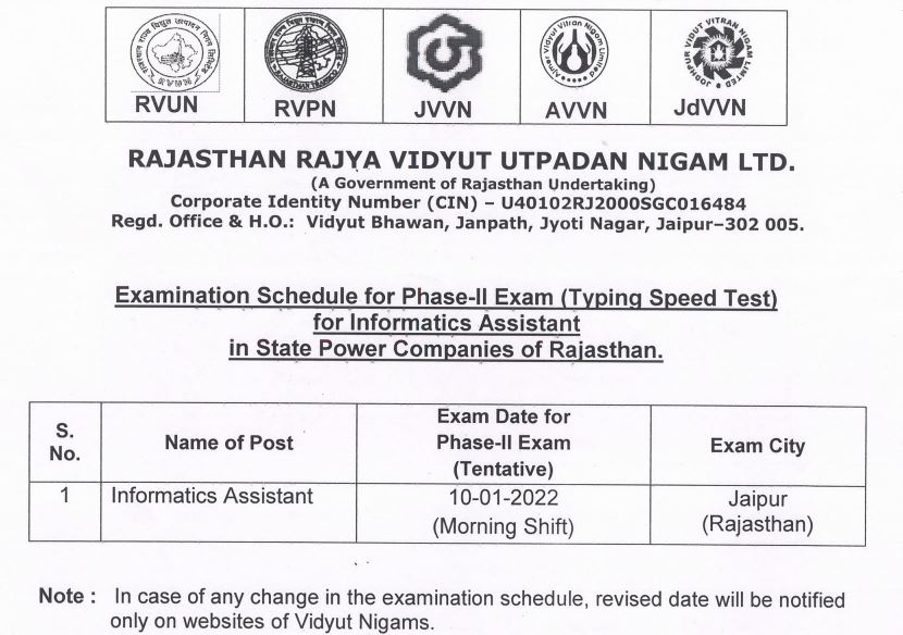 RVUNL Informatics Assistant Phase 2 Exam Date 2022