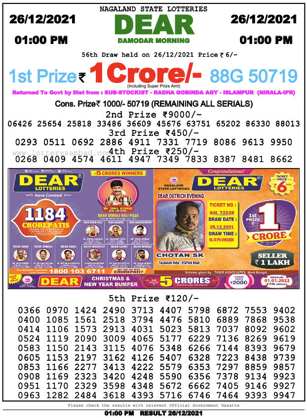 Sikkim Lottery Sambad 1 PM Result on 26.12.2021